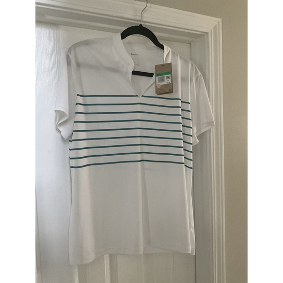 NWT Nike Women’s Size XL Dri-FIT Victory Golf Polo White/Green Stripe V-Neck - Picture 1 of 9